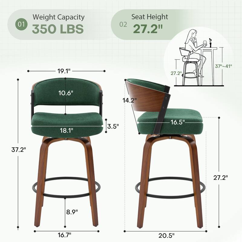 Upholstered Swivel Counter Height Bar Stool with Curved Back and Bentwood Frame - 37.2"H x 19.1"W x 20.5"D