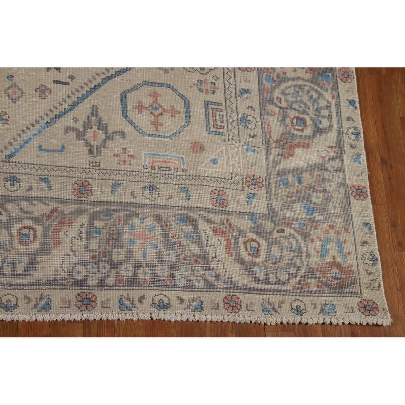 Geometric Tabriz Persian Rug Handmade Beige Wool Carpet - 8'2"x 10'9"