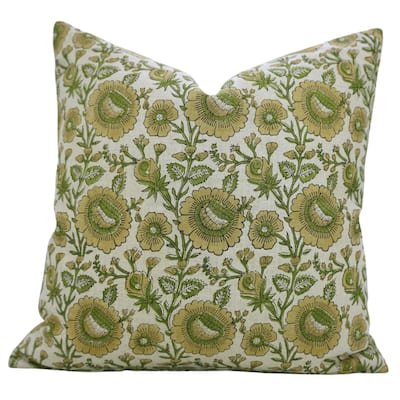 Fabdivine Handmade Floral Accent Pillow 14x20 Inch for Farmhouse Fall Living Room or Sofa Décor, Green Soft Linen, Sun Flower