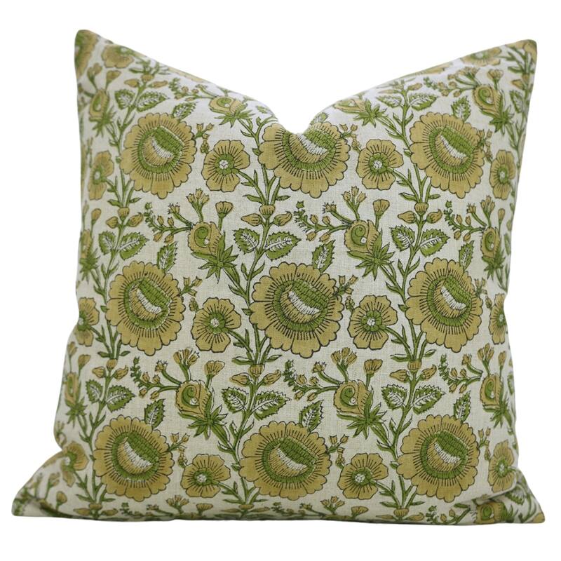 Fabdivine Handmade Floral Accent Pillow 22x22 Inch for Farmhouse Fall Living Room or Sofa Décor, Green Soft Linen, Sun Flower