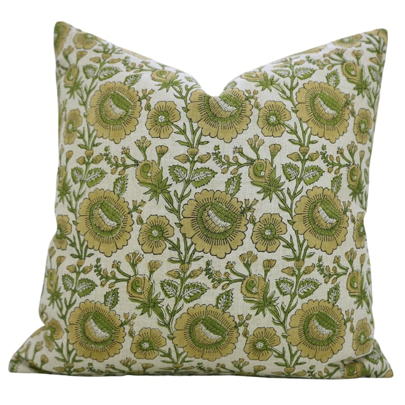 Fabdivine Handmade Floral Accent Pillow 24x24 Inch for Farmhouse Fall Living Room or Sofa Décor, Green Soft Linen, Sun Flower