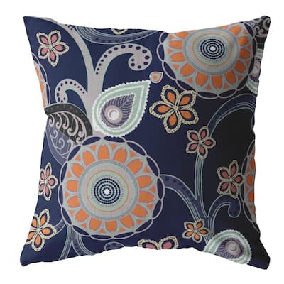 16" Indigo Orange Floral Indoor Outdoor Throw Pillow