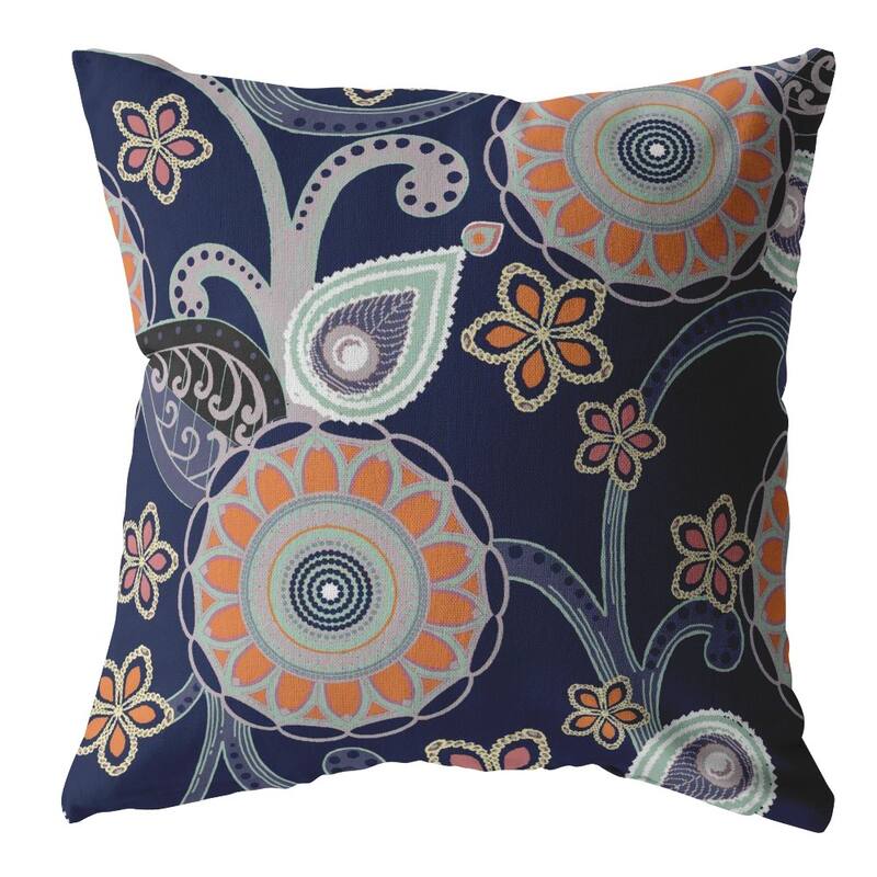 18" Indigo Orange Floral Suede Zippered Throw Pillow