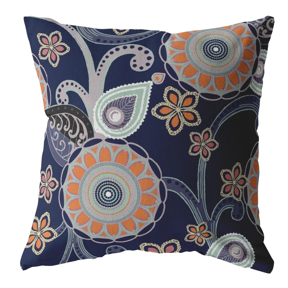 18" Indigo Orange Floral Suede Zippered Throw Pillow