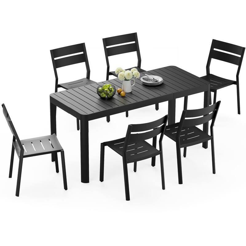 7-Piece Set Outdoor Patio Expandable Aluminum Dining Table with Stackable Chairs - Black with Armless Chairs