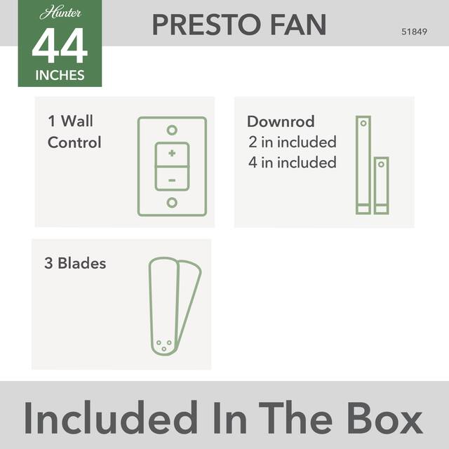 Hunter 52" and 44" Presto Ceiling Fan with Wall Control