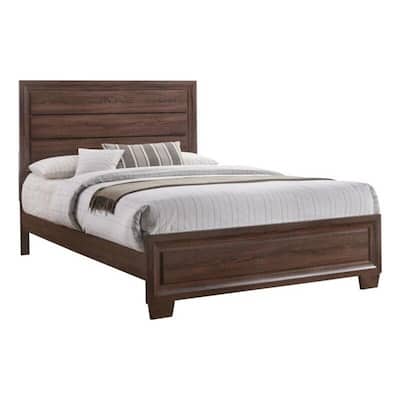 Solid Wood Eastern King Size Bed with Plank Headboard in Brown