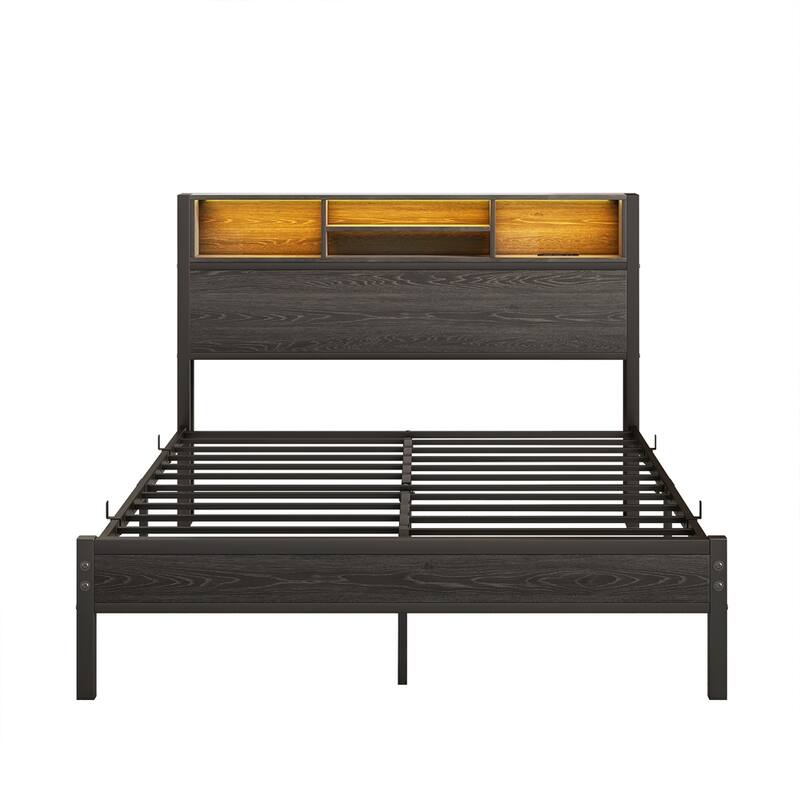 Full Size Bed Frame with Storage,Metal Platform Bed w/Charging Station