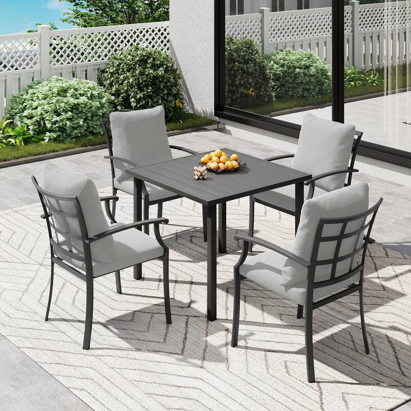 IvyGlow 5-Piece Black Metal Patio Dining Set with Square Table and Gray Cushions
