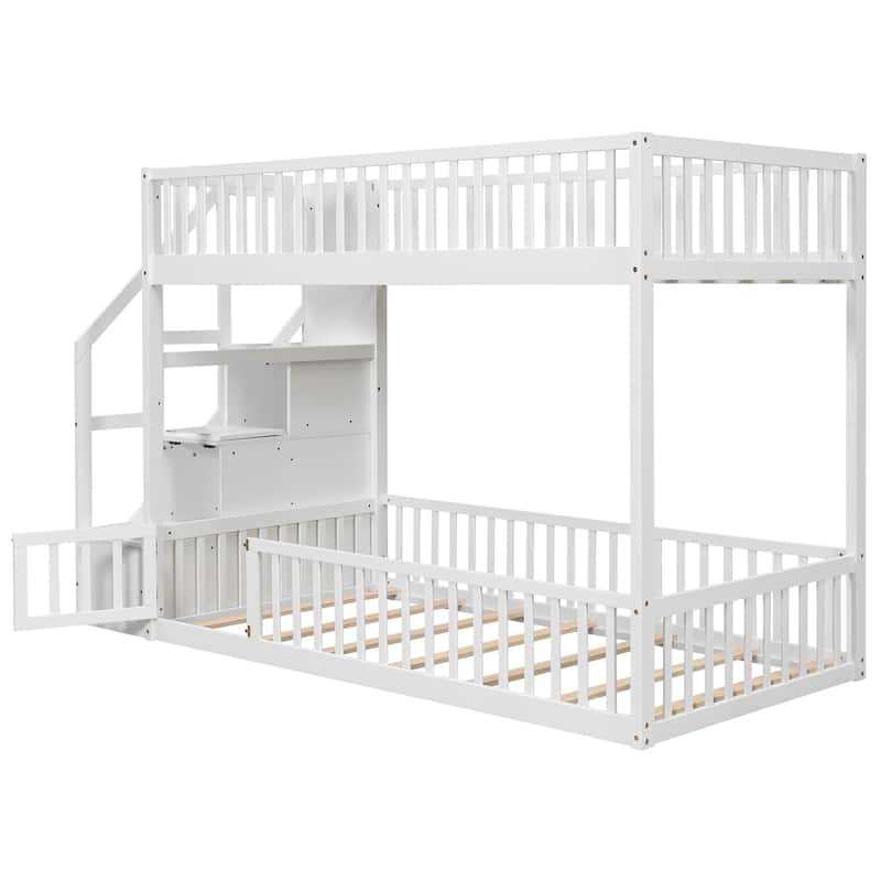 Twin Over Twin Floor Bunk Bed Frame with Storage Stairs and Door