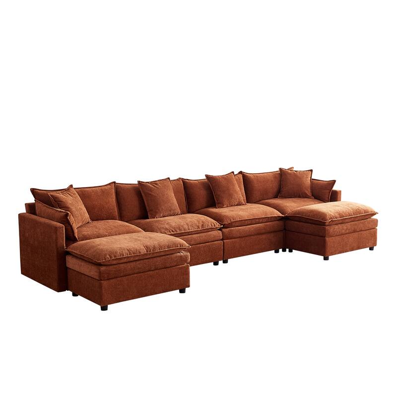 U-Shaped Chenille Fabric Couch with Ottoman Bench, Spacious 4-Seater Sofa for Living Room