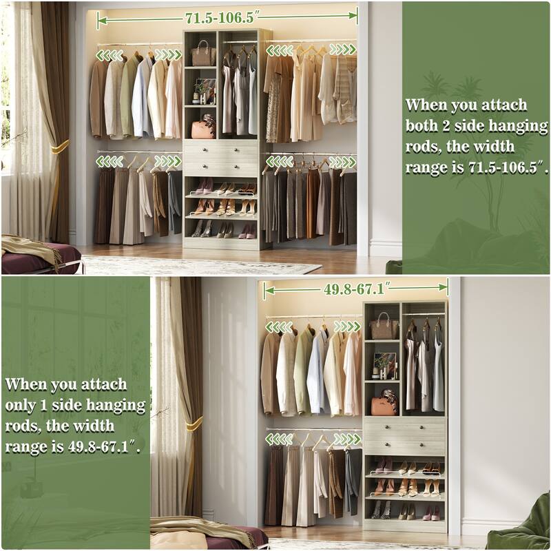 Closet Organizer with 5 Hanging Rods and 2 Drawers, Adjustable Closet System with Shelves and Shoe Rack