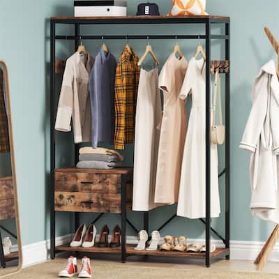 Freestanding Closet Organizer,Clothes Rack with 2 Drawer,Heavy Duty Garment Racks for Hanging Clothing, Wood Wardrobe Rack