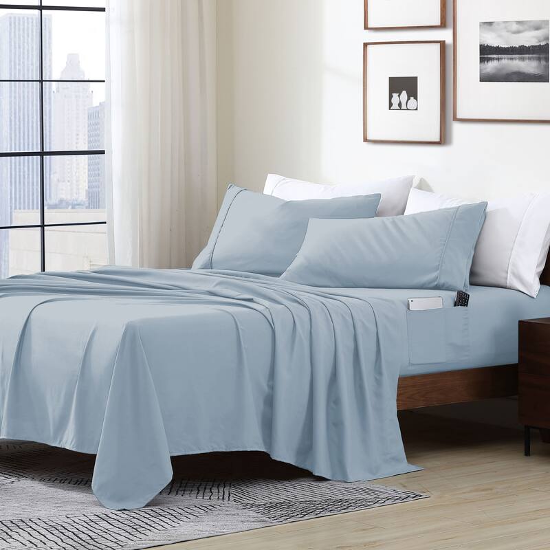 Home Essential Soft Microfiber Smart Sheet Storage Pocket Bedding Sheet Set - Full - Blue Fog