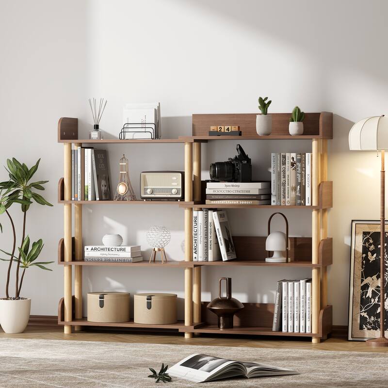 4 Tier Retractable & Rotatable Bookcases,Corner Book Shelf,Storage Rack for CDs/Movies/Books,Bookcase,Utility Organizer Shelves - Walnut