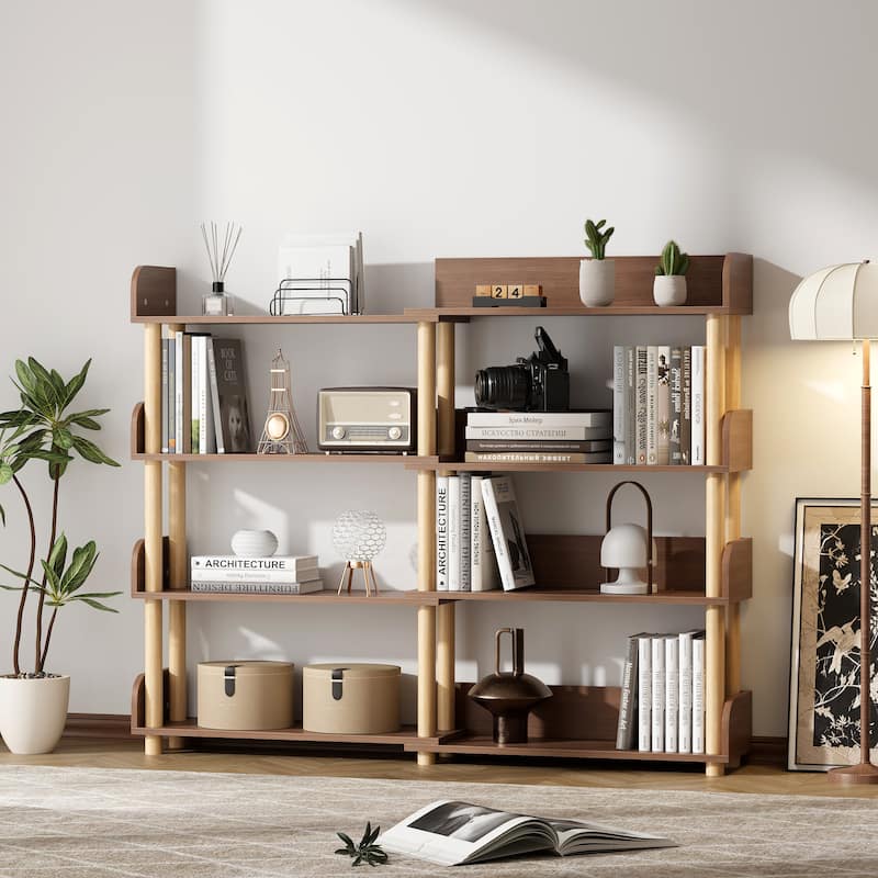 Roomfitters Rotatable Corner Bookcase, 4-Tier Retractable Wooden Storage Rack, Flexible Utility Organizer, Walnut