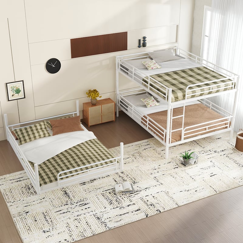 Queen over Queen over Queen Bunk Bed, Metal Triple Bunk Bed with Safety Guardrails, Bunk Bed with Noise-reduced Design