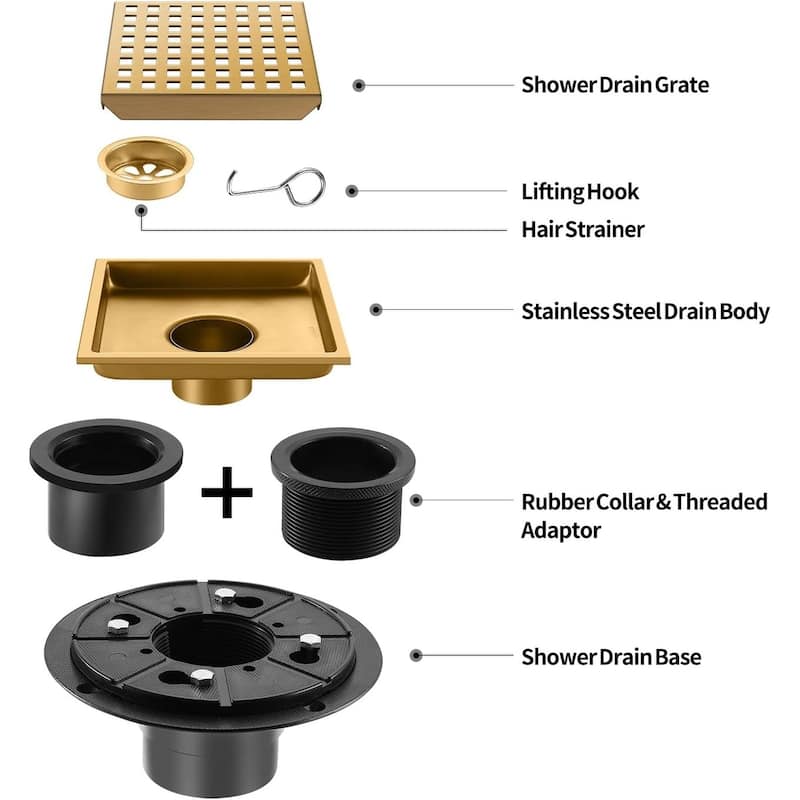 PROOX 6 inch Square Shower Floor Drain with Flange Removeable Grid Panel - 6 in.