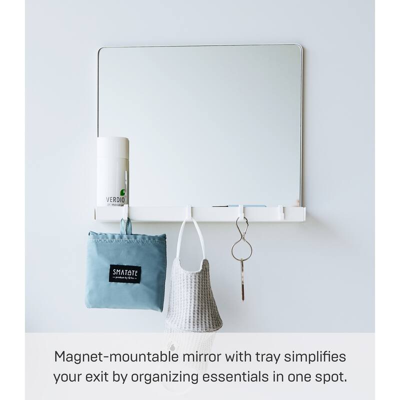 Yamazaki Home Magnetic Mirror with Storage Rack, Glass, Holds 5.5 lbs - L 2.64 x W 11.81 x H 10.24 inches