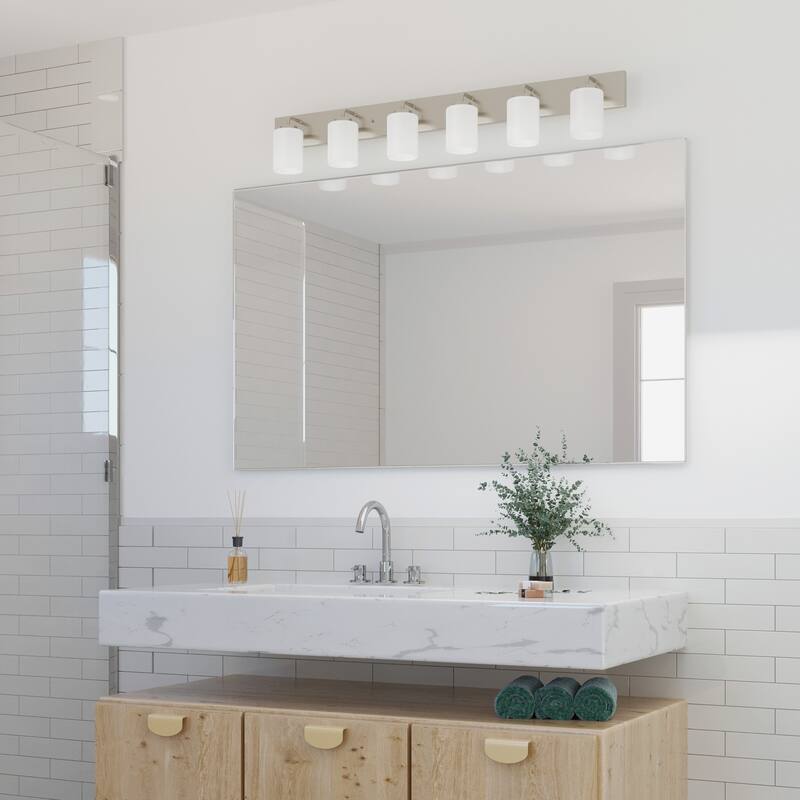 Merry Collection Six-Light Brushed Nickel and Etched Glass Transitional Style Bath Vanity Wall Light - 48 in x 5.75 in x 8.25 in