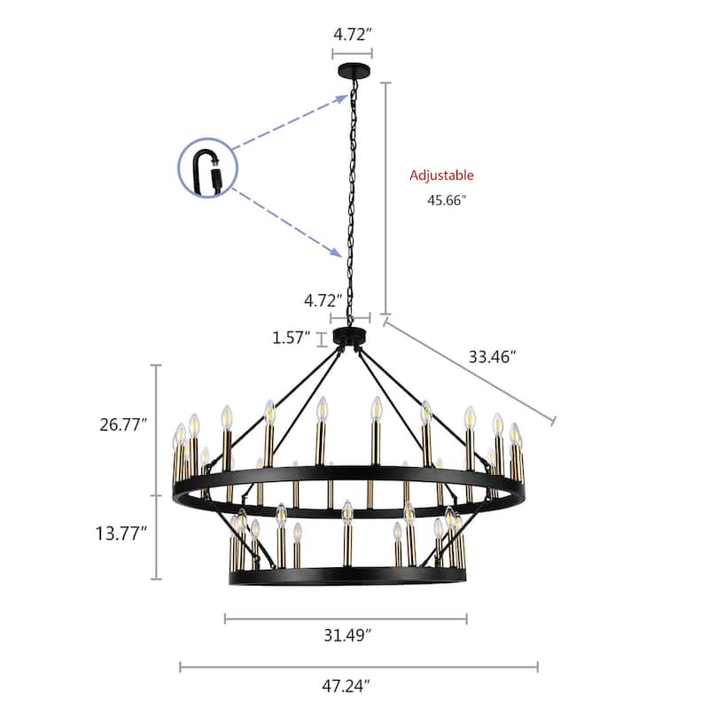 48" Black 36-Light Wagon Wheel Gold Candle Style Industrial 2-Tier Round Chandelier