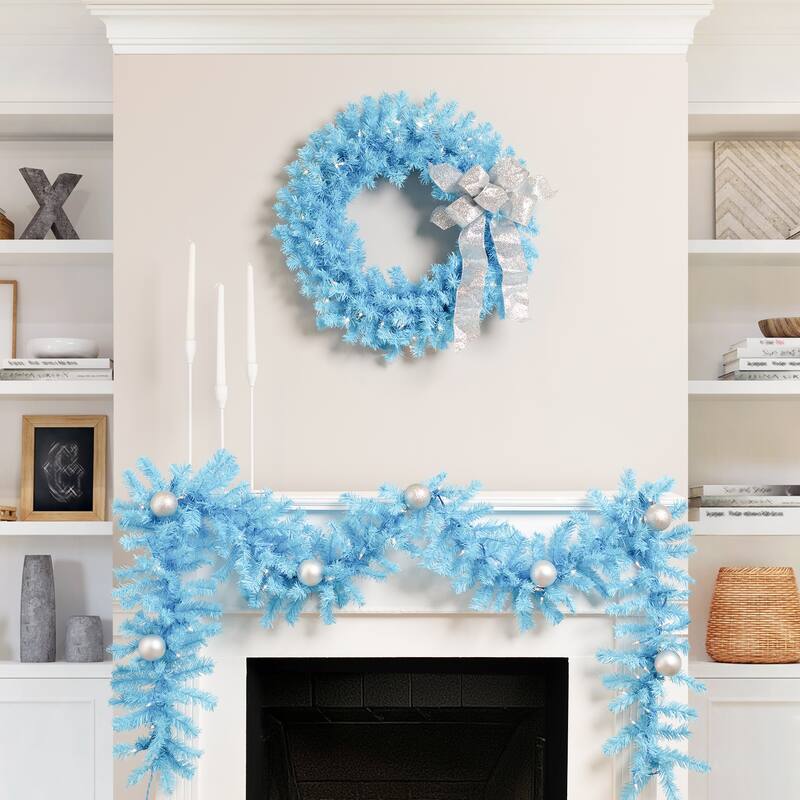 Pre-Lit Artificial Pine Christmas Garland - 9' - Sky Blue - Clear Lights