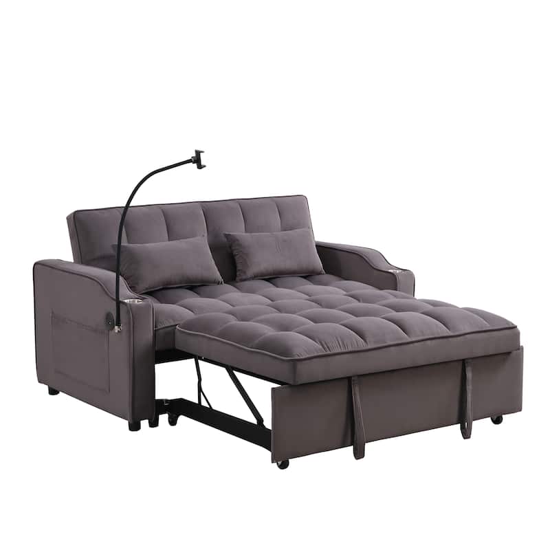Charcoal Grey Modern Velvet 3 in 1 Convertible Sleeper Loveseat Futon Sofa with Adjustable Reclining Backrest and Toss Pillows