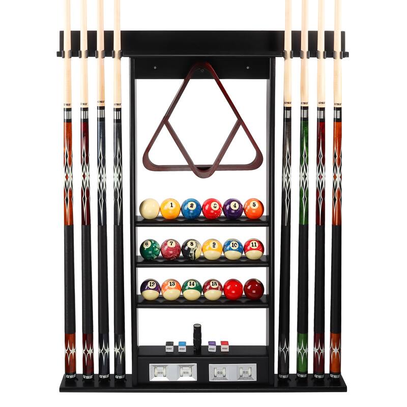 GSE™ 8-Pool Cue Wall Mounting Billiard Cue Rack, Hanging Wall Mounted Pool Cue Stick Holder with Score Counter - Black