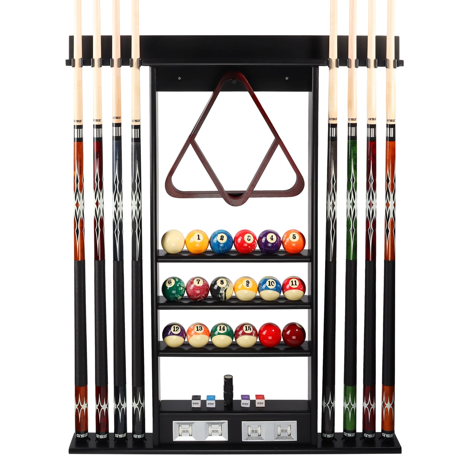 GSE™ 8-Pool Cue Wall Mounting Billiard Cue Rack, Hanging Wall Mounted Pool Cue Stick Holder with Score Counter