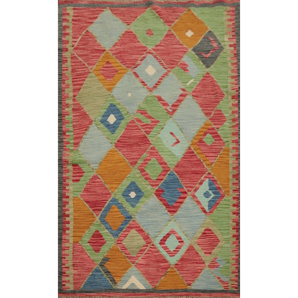 Hand Woven Oriental 100% Wool Carpet Southwestern Tribal Multi-Colored Kilim Area Rug - 5' 11'' X 4' 2''