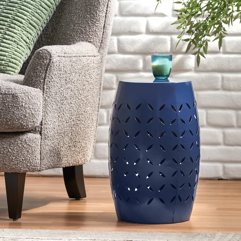 Roomfitters Accent Side Table, 12" Round Metal End Table with Artistic Cutout Design for Indoor or Outdoor Use, Dark Blue