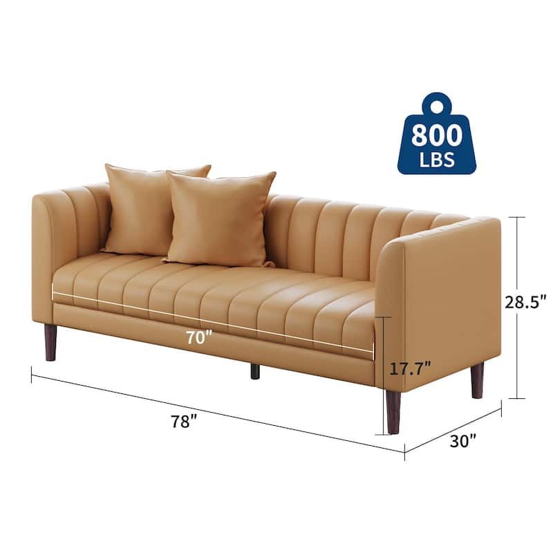 Faux Leather Sofa Couch, Modern 78" W Sofa with Deep Seats, 3 Seater Sofa Couch with 2 Throw Pillows and Wood Legs