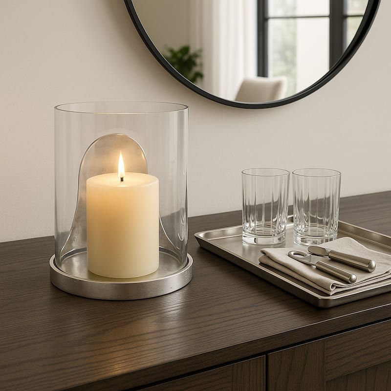 Metal Glass Lantern Hurricane Modern Design Home Office - Silver - 8.5"