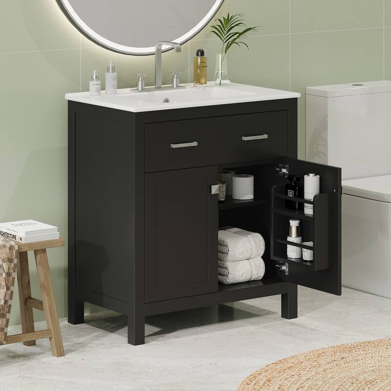 30-Inch Bathroom Vanity with Ceramic Sink, Soft-Close Doors, Shelf & Drawer - Modern Freestanding Cabinet