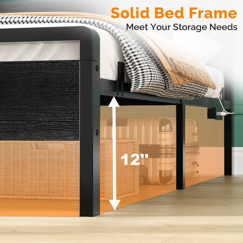 Bed Frame with LED Light and Charging Station, Metal Platform Bed with Wood Headboard