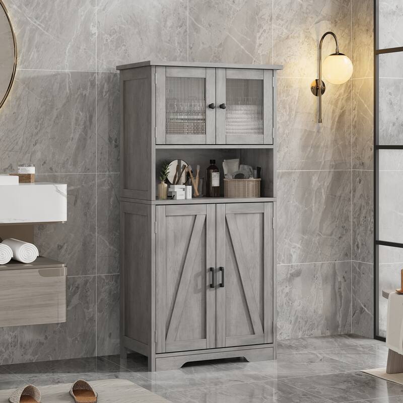 Freestanding Floor Linen Storage Cabinet with Doors and Shelves for Bathroom, Kitchen
