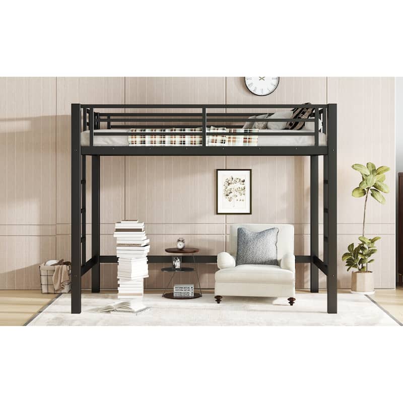 Roomfitters Metal Loft Bed with Dual Ladders, High Sleeper Frame with Under Bed Storage Space, Black