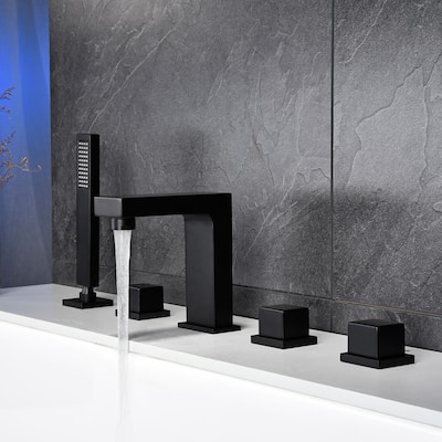 Tub Faucet With Hand Shower 3 Handle Matte Black Tub Fillers Modern 5 Holes Deck Mounted Bathroom Bathtub Faucet With Sprayer