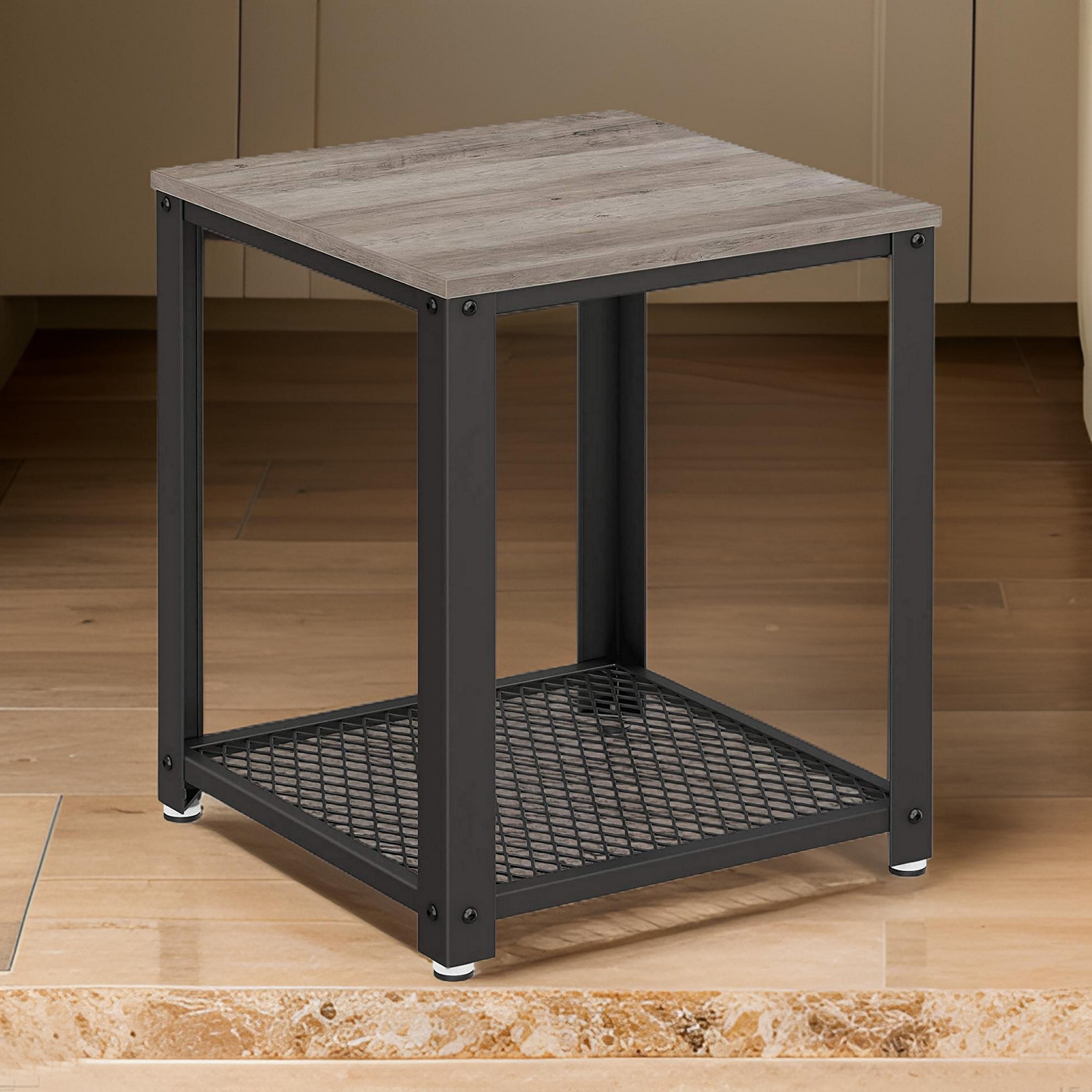 22 Inches Square Wood Top End Side Table, Open Wire Bottom Shelf