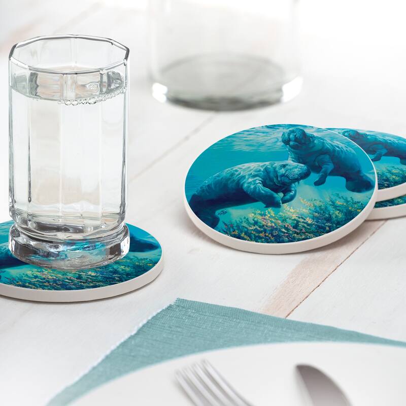 Counterart Absorbent Stone Coasters - Manatees In Sunlight - Set of 4 - 4x4x82