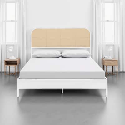 Ammy King Bed, Radio Weave Headboard, Brown Faux Rattan, White Metal