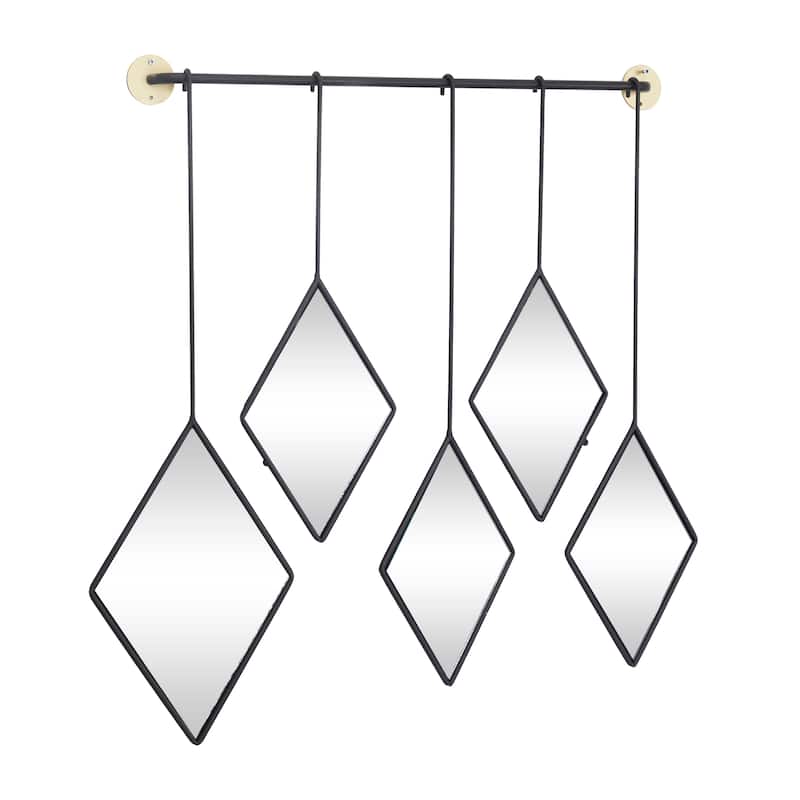 Black Metal Diamond Shapes Wall Mirror with Hanging Bar - 27"W, 27"H