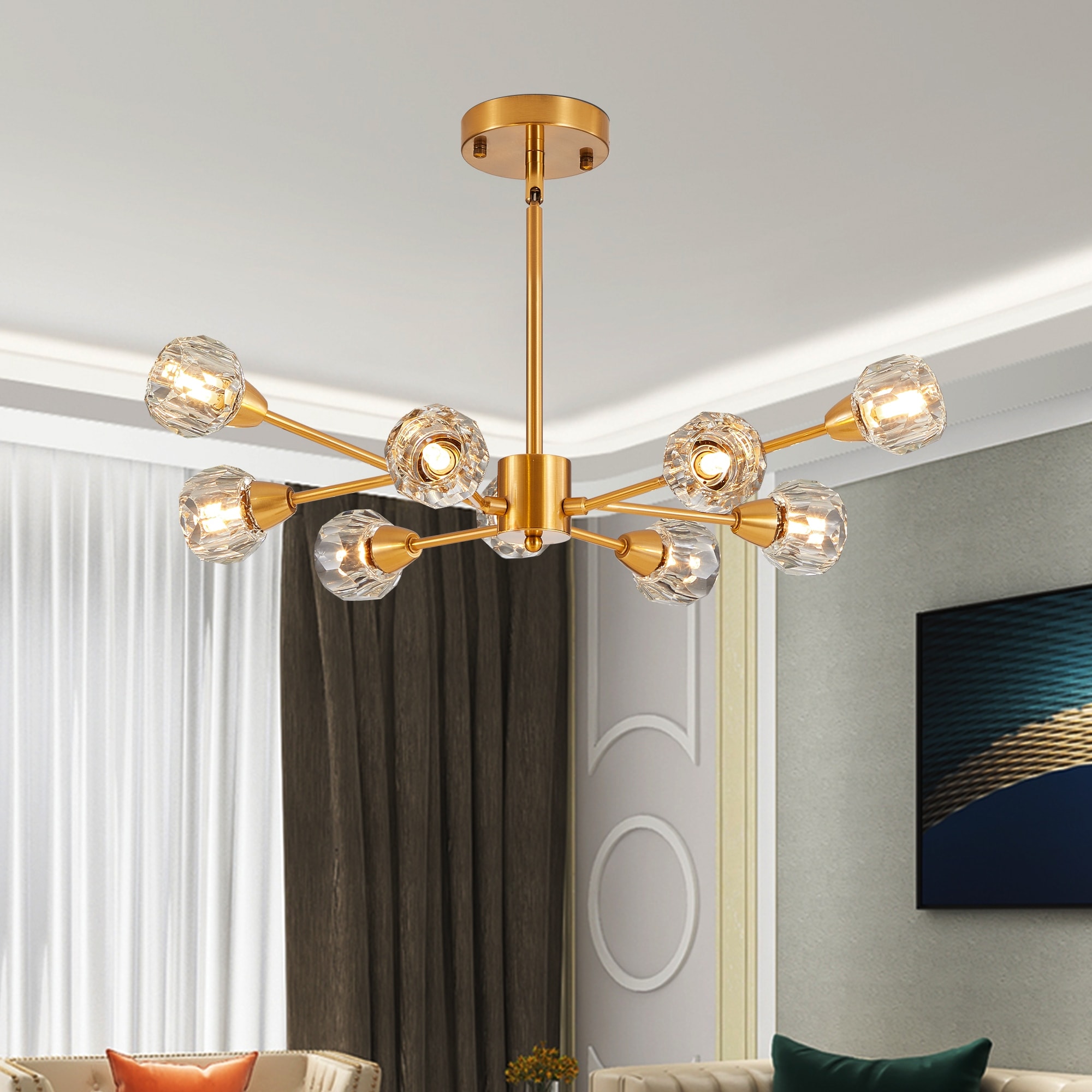 Modern Crystal Chandeliers, 9 Lights Golden Chandelier, Dining Room Chandelier Over Table(Bulbs Not Included)