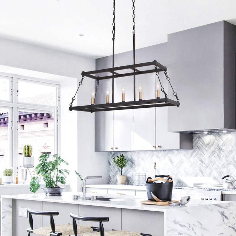 Modern Farmhouse Black Metal Linear Island Chandelier for Dining Room - L 30" x W 12 "x H 23.6"