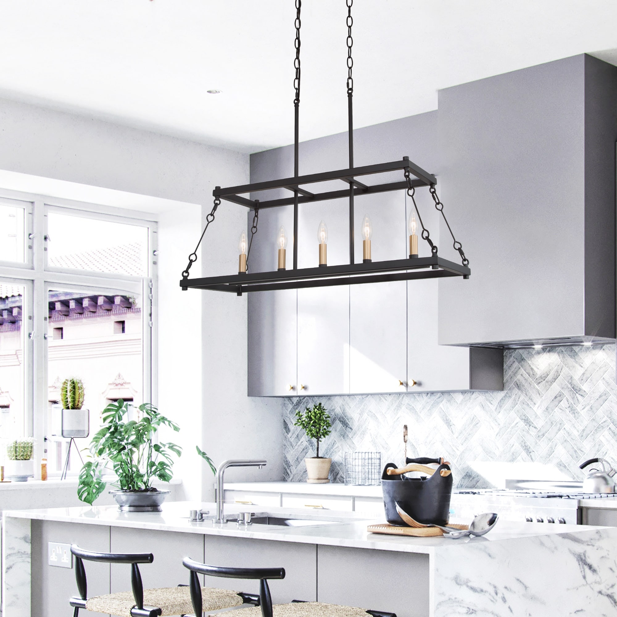 Modern Farmhouse Black Metal Linear Island Chandelier for Dining Room - L 30" x W 12 "x H 23.6"