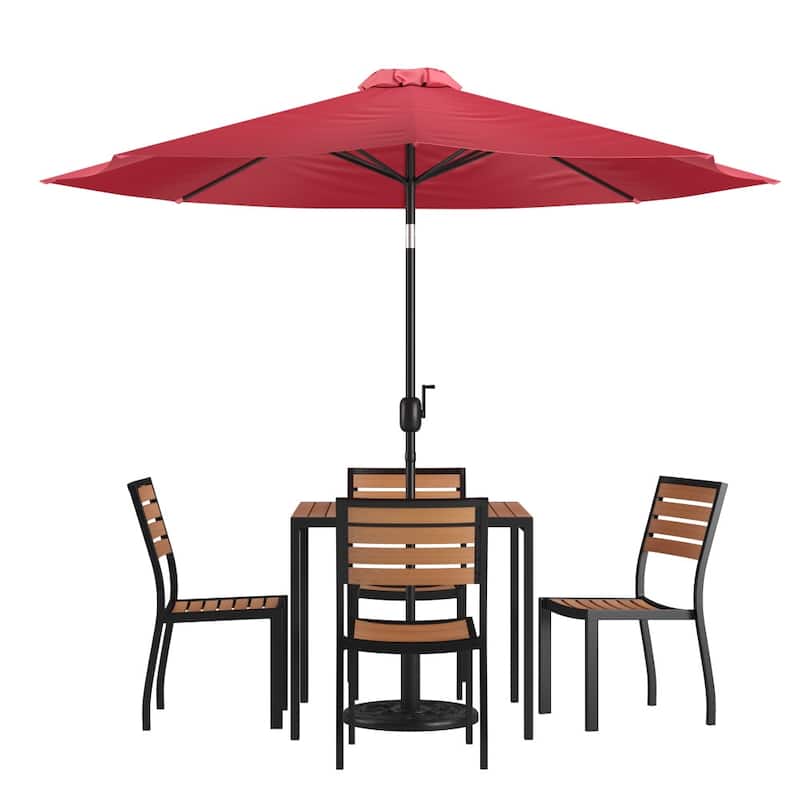 Faux Teak Patio Table, 4 Chairs & 9FT Patio Umbrella with Base