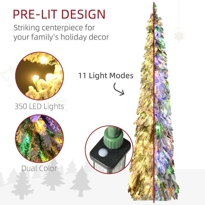 HOMCOM 7ft Tall Prelit Pencil Artificial Christmas Tree Holiday Décor with 534 Snow Flocked Branches, Downswept Shape - 6.89 ft