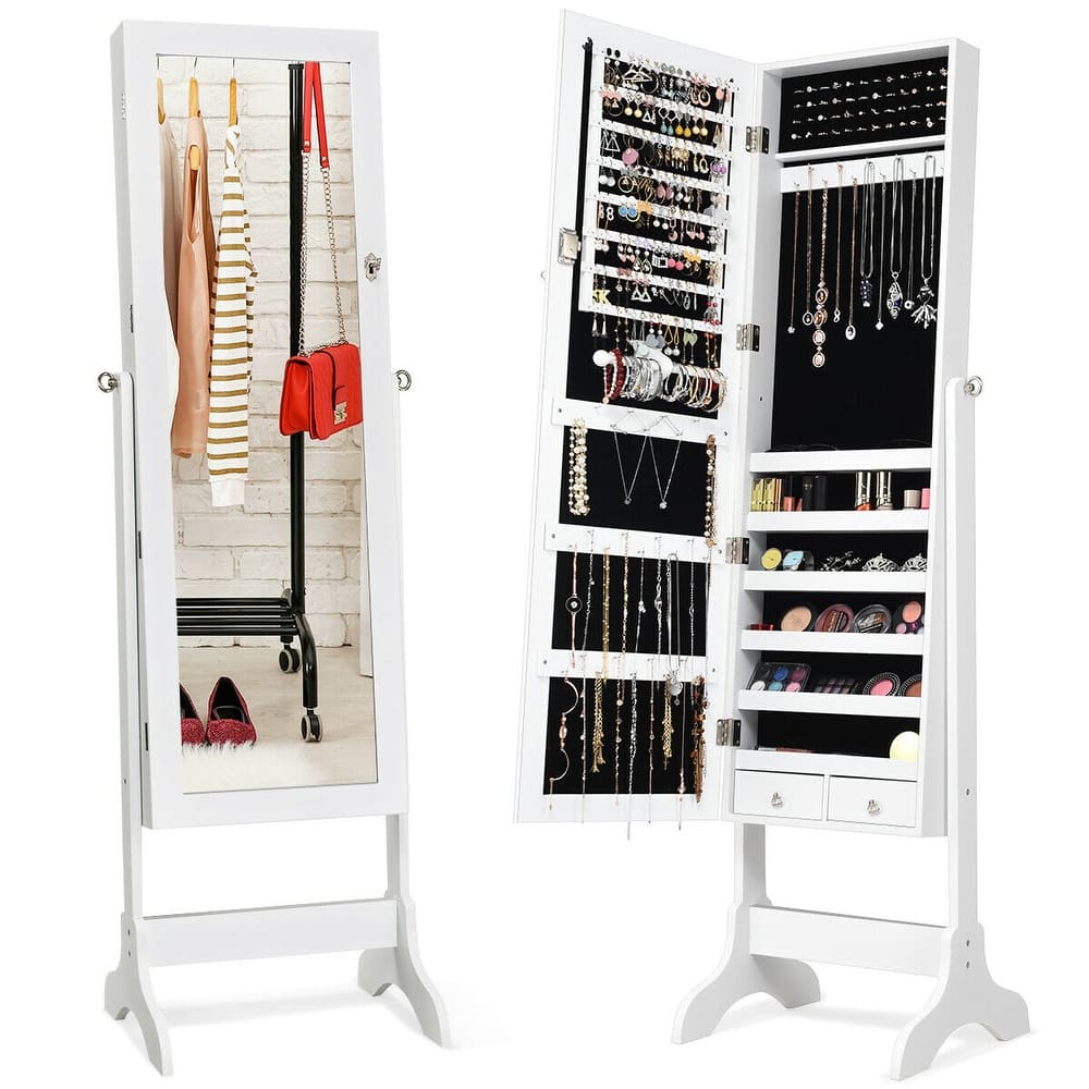 Costway Mirrored Jewelry Cabinet Storage Organizer Box Drawers White