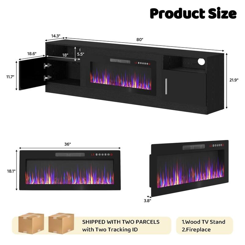 BOSSIN 80" Modern Electric Fireplace TV Stand with 20-Color LED Lights, Fits Up to 90" TV, Adjustable Shelves & Storage Cabinets