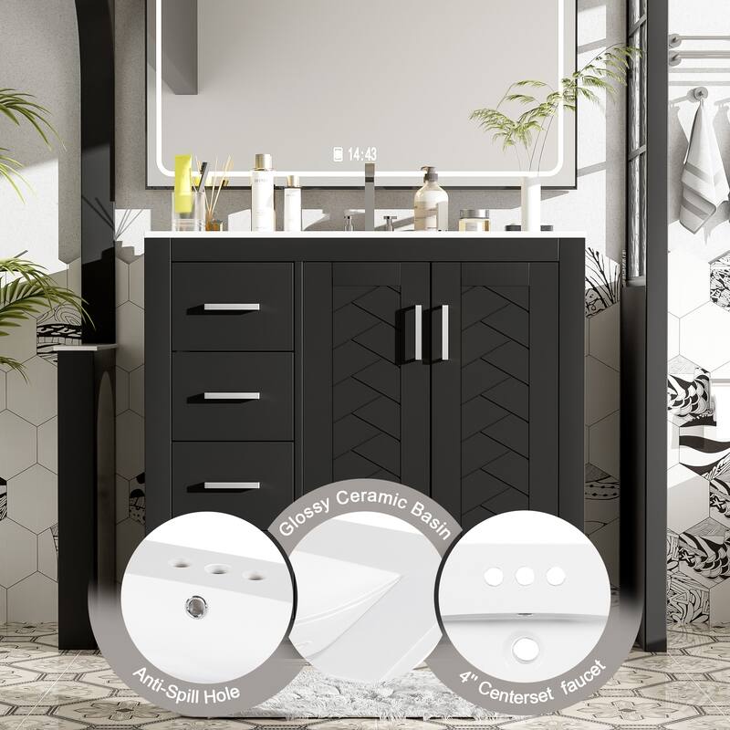 36" Wood Bathroom Vanity w/ Ceramic Sink,3 Drawers,Soft Closing Doors